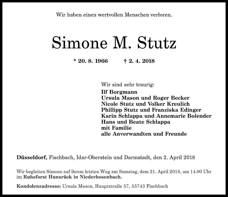 Traueranzeigen Von Simone Stutz Rz Trauer De