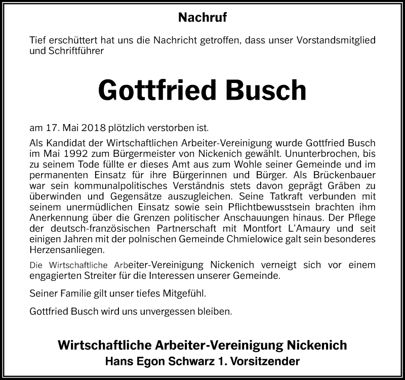 Traueranzeigen Von Gottfried Busch Rz Trauer De