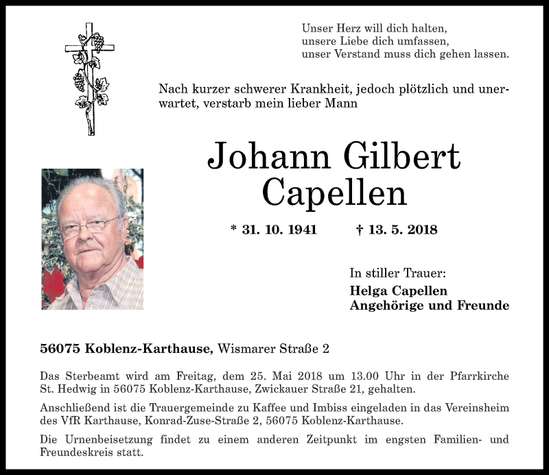 Traueranzeigen Von Johann Gilbert Capellen Rz Trauer De