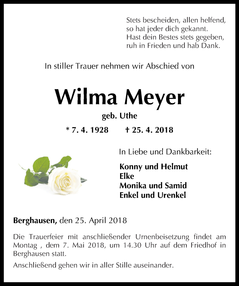 Traueranzeigen Von Wilma Meyer Rz Trauer De