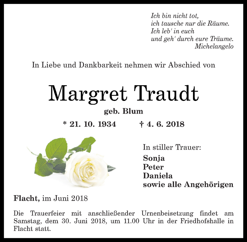 Traueranzeigen Von Margret Traudt Rz Trauer De