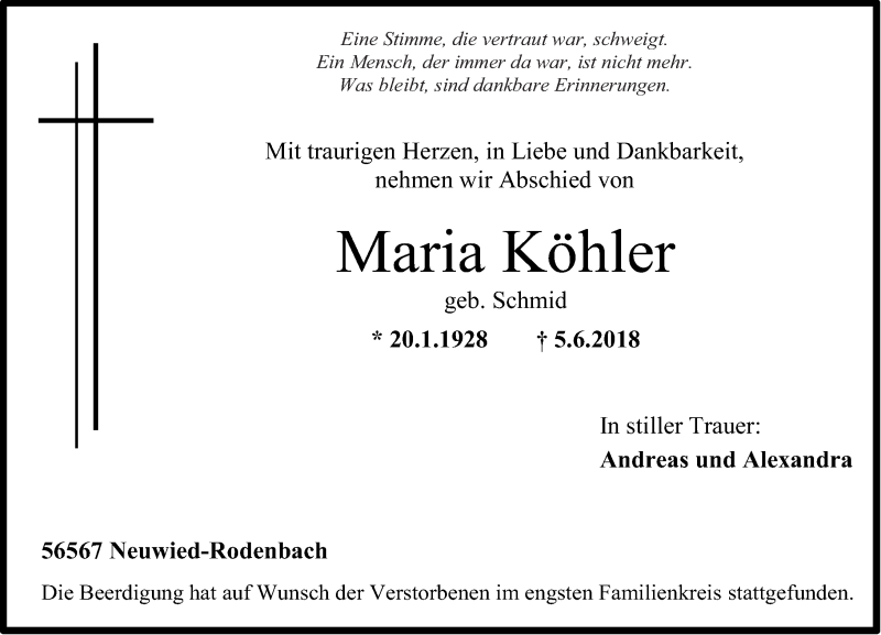 Traueranzeigen von Maria Köhler rz trauer de