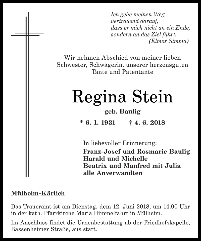 Traueranzeigen Von Regina Stein Rz Trauer De