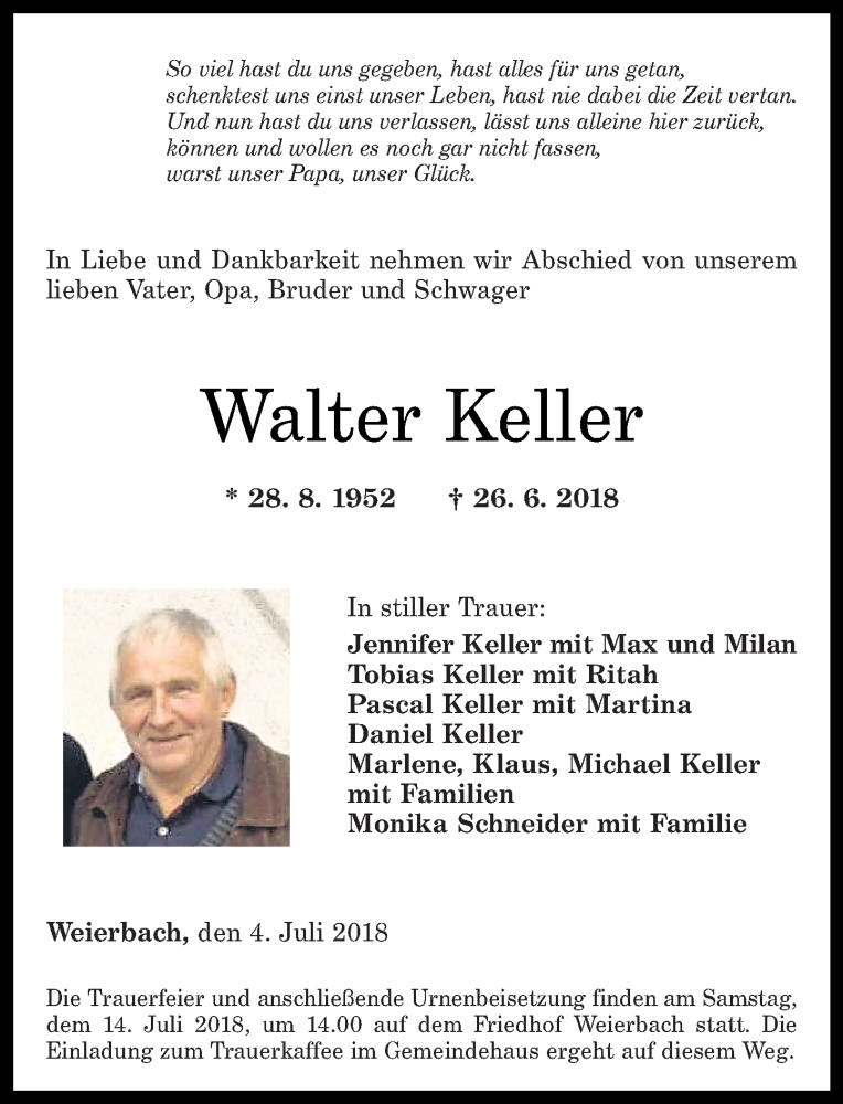 Traueranzeigen Von Walter Keller Rz Trauer De