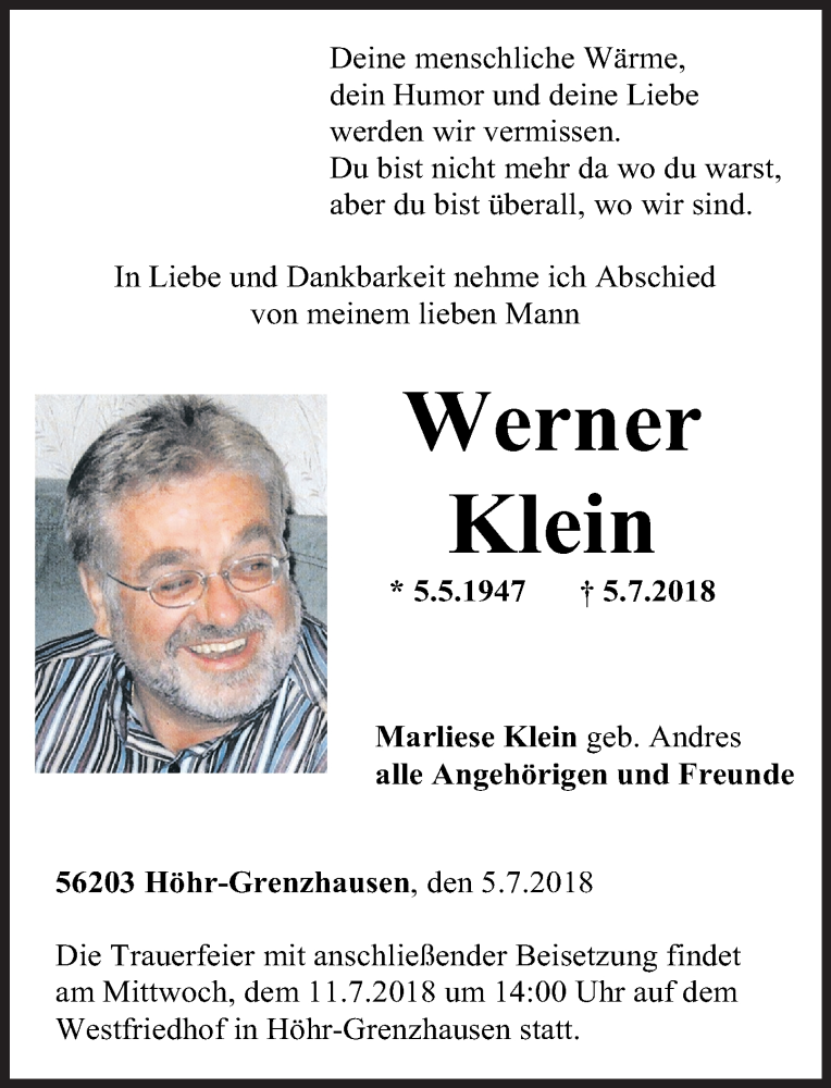 Traueranzeigen Von Werner Klein Rz Trauer De