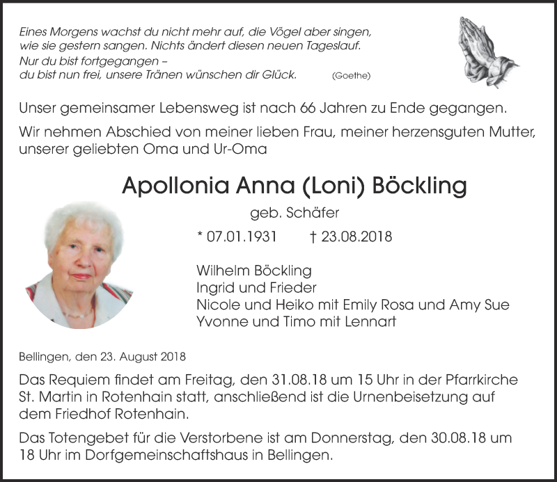 Traueranzeigen Von Apollonia Anna Loni B Ckling Rz Trauer De