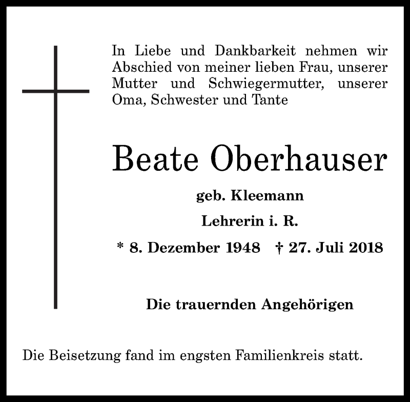 Traueranzeigen Von Beate Oberhauser Rz Trauer De