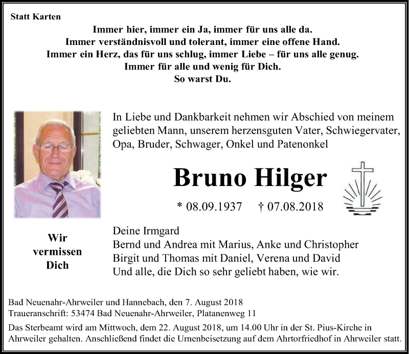 Traueranzeigen Von Bruno Hilger Rz Trauer De