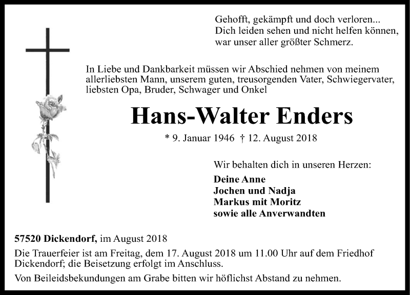 Traueranzeigen Von Hans Walter Enders Rz Trauer De