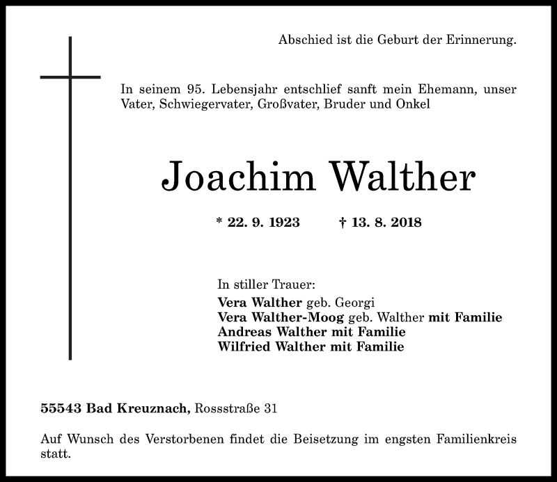 Traueranzeigen Von Joachim Walther Rz Trauer De