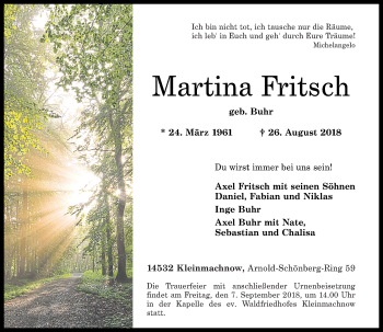 Traueranzeigen Von Martina Fritsch Rz Trauer De