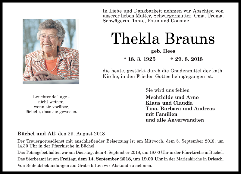 Traueranzeigen Von Thekla Brauns Rz Trauer De