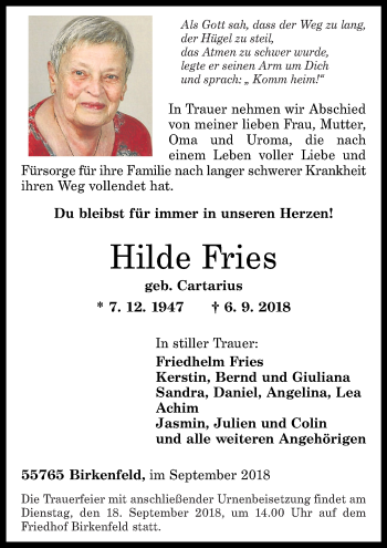 Traueranzeigen Von Hilde Fries Rz Trauer De