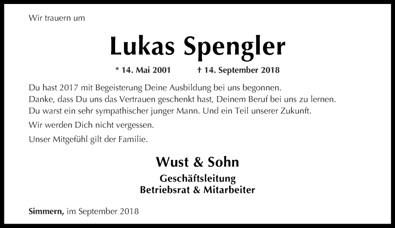 Traueranzeigen Von Lukas Spengler Rz Trauer De