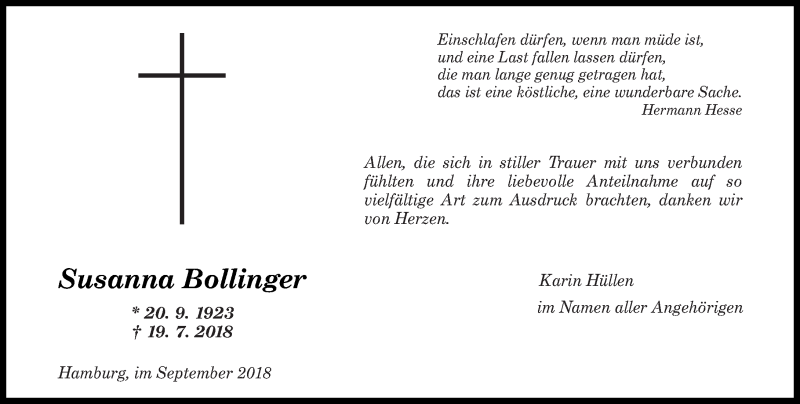 Traueranzeigen Von Susanna Bollinger Rz Trauer De