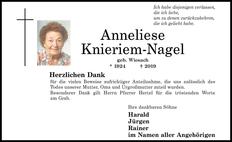 Traueranzeigen Von Anneliese Knieriem Nagel Rz Trauer De