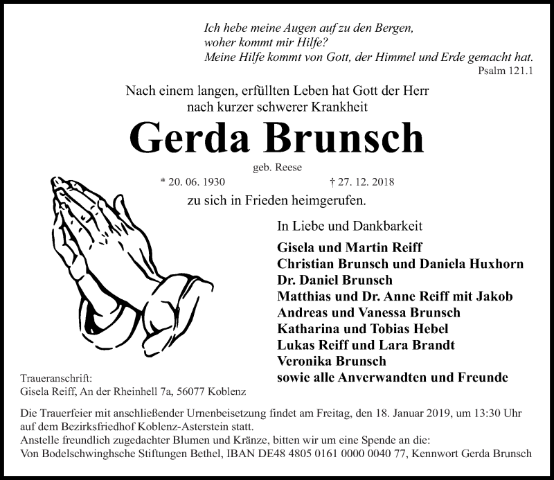 Traueranzeigen Von Gerda Brunsch Rz Trauer De