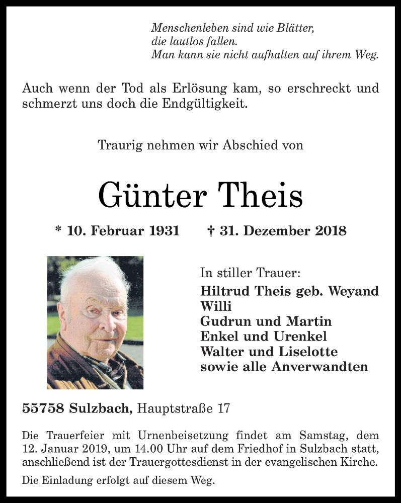 Traueranzeigen von Günter Theis rz trauer de