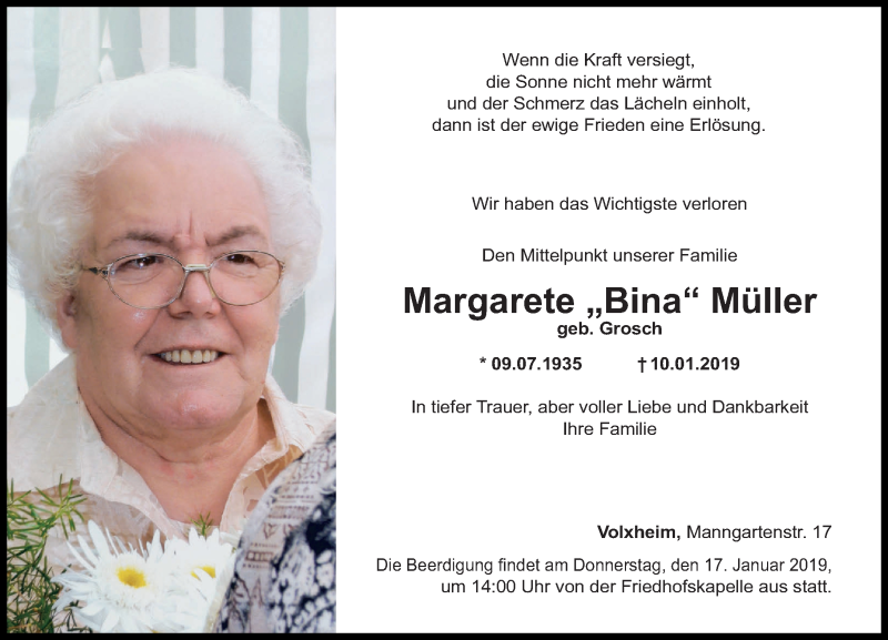 Traueranzeigen Von Margarete Bina M Ller Rz Trauer De