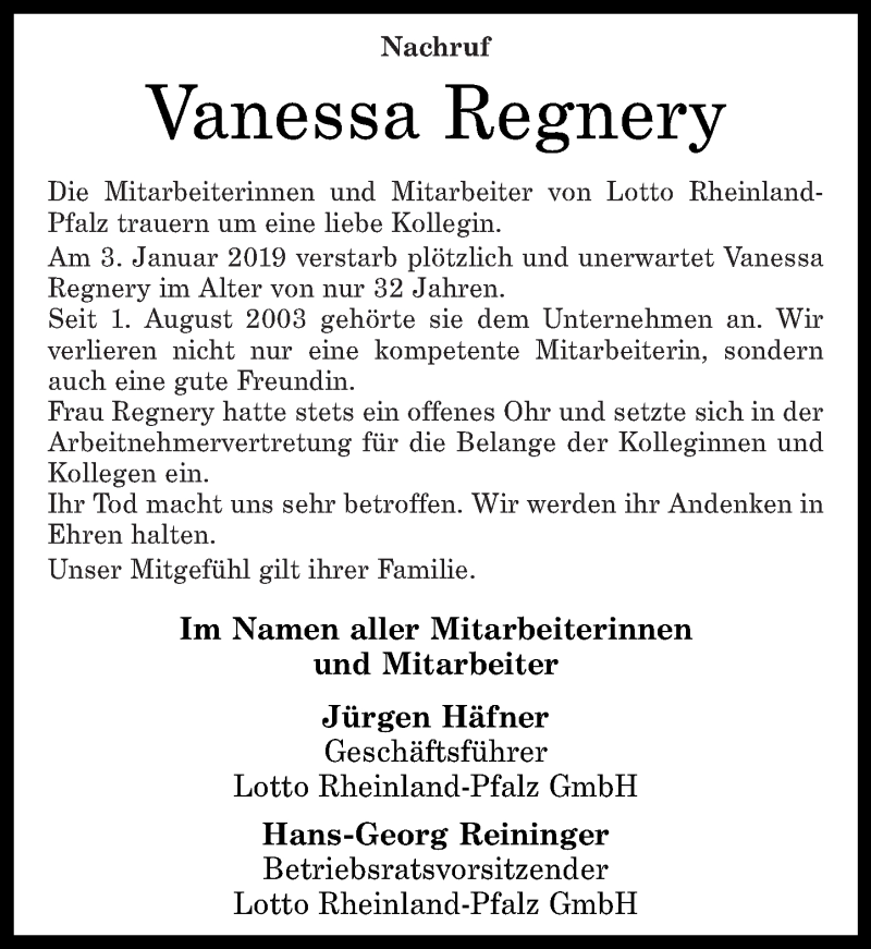 Traueranzeigen Von Vanessa Regnery Rz Trauer De