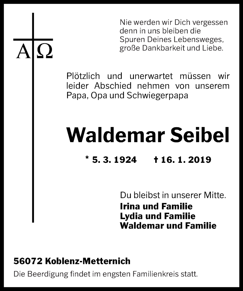 Traueranzeigen Von Waldemar Seibel Rz Trauer De