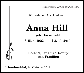 Traueranzeigen Von Anna Hill Rz Trauer De