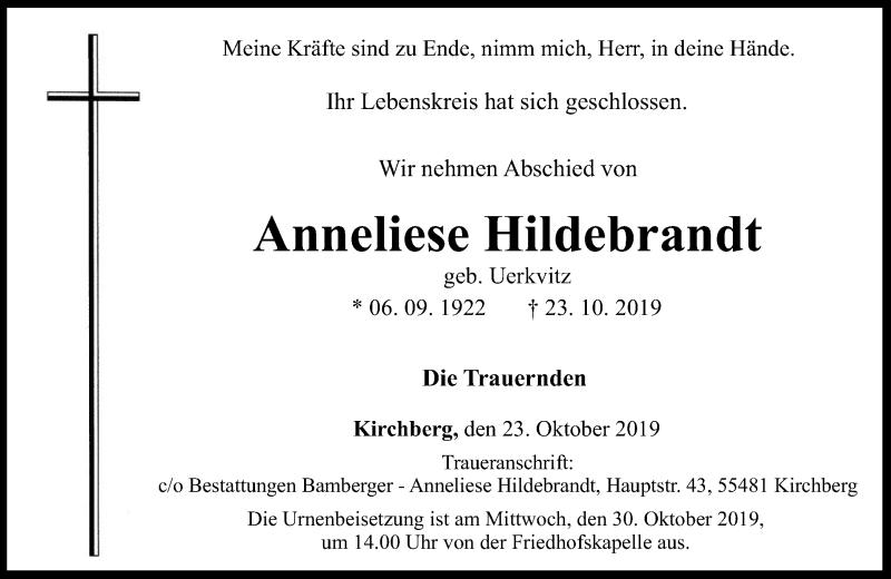 Traueranzeigen Von Anneliese Hildebrandt Rz Trauer De