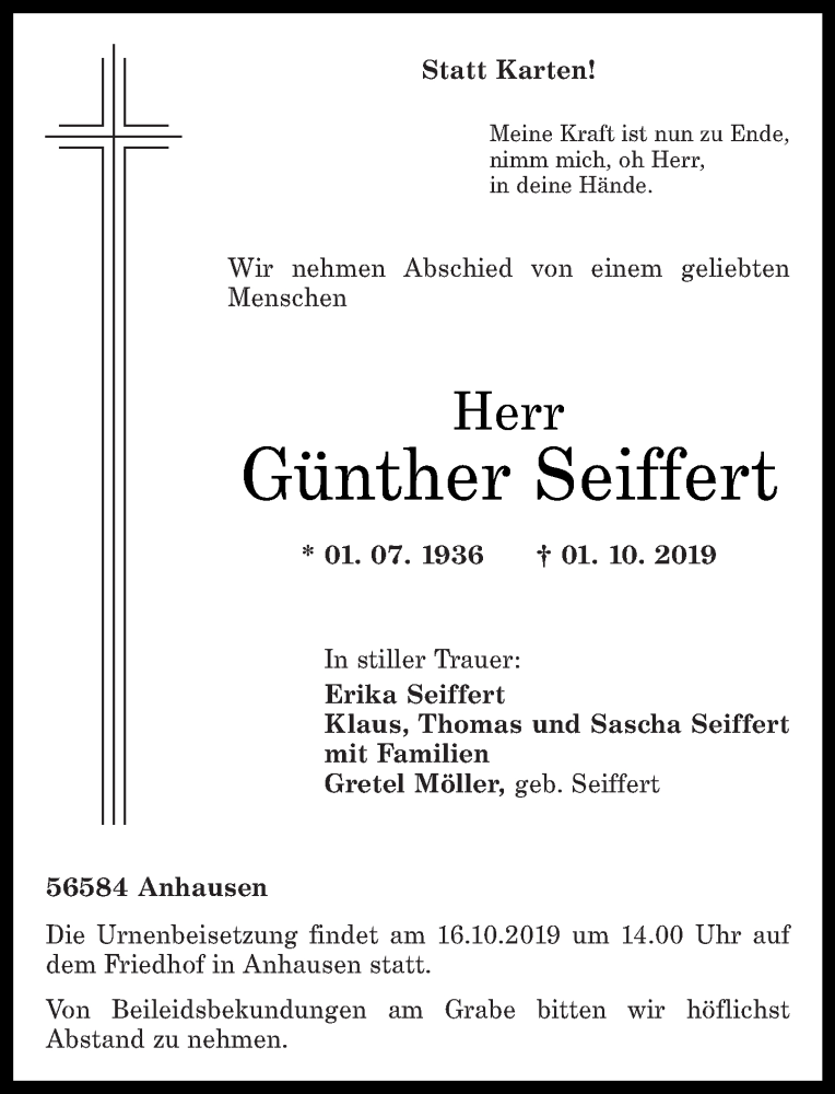 Traueranzeigen von Günther Seiffert rz trauer de