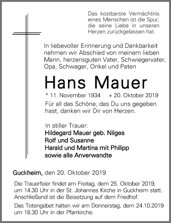 Traueranzeigen Von Hans Mauer Rz Trauer De