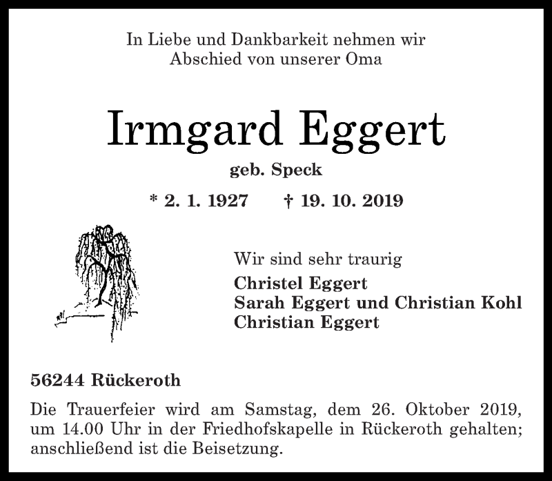 Traueranzeigen Von Irmgard Eggert Rz Trauer De