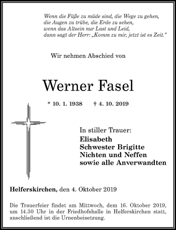 Traueranzeigen Von Werner Fasel Rz Trauer De