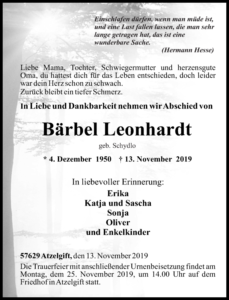 Traueranzeigen Von B Rbel Leonhardt Rz Trauer De