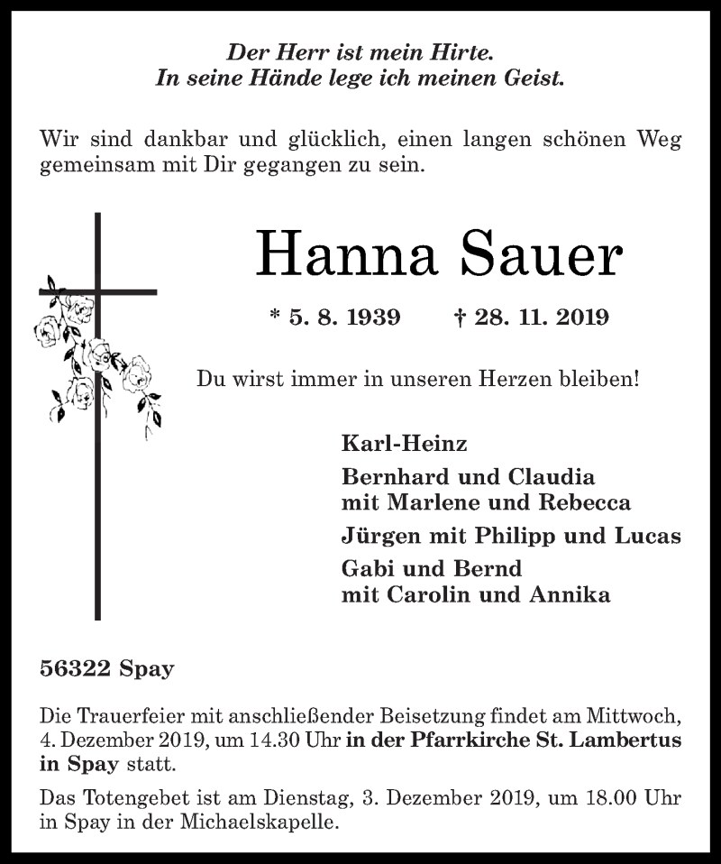 Traueranzeigen Von Hanna Sauer Rz Trauer De