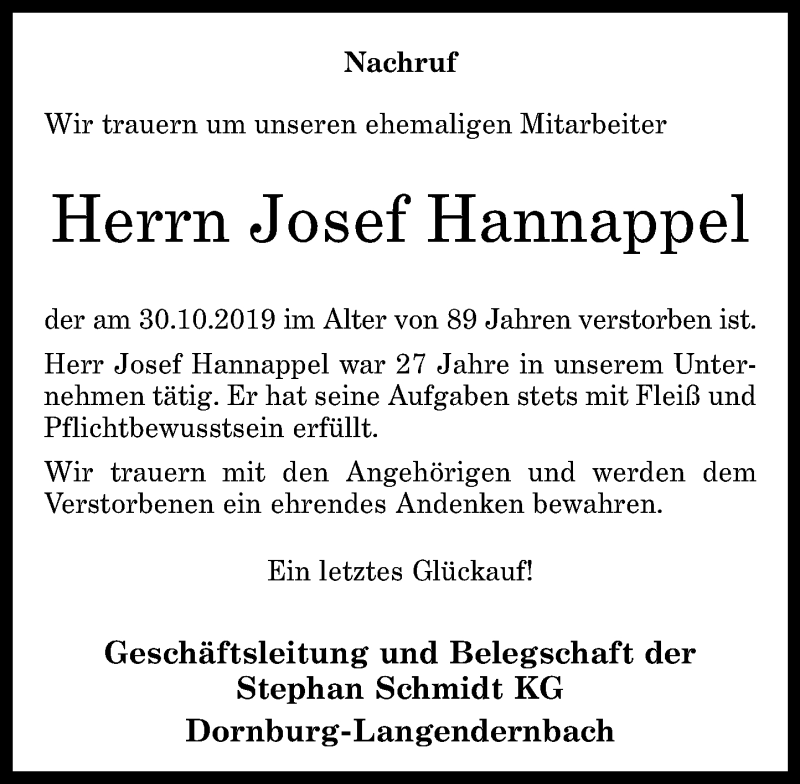 Traueranzeigen Von Josef Hannappel Rz Trauer De