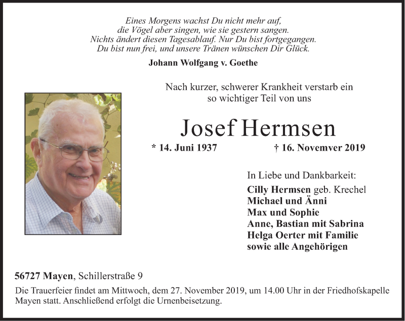 Traueranzeigen Von Josef Hermsen Rz Trauer De