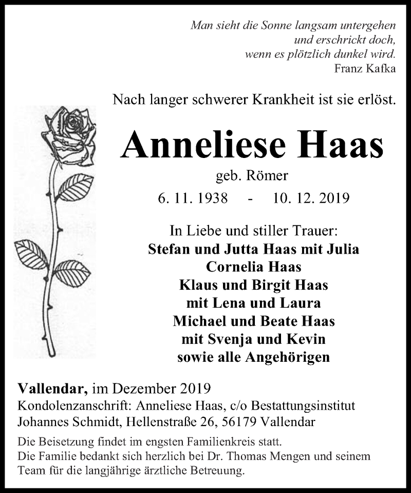 Traueranzeigen Von Anneliese Haas Rz Trauer De