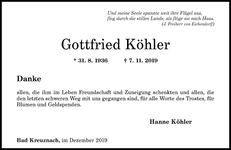 Traueranzeigen Von Gottfried K Hler Rz Trauer De