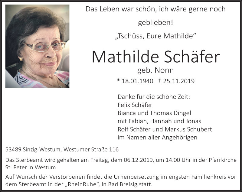 Traueranzeigen von Mathilde Schäfer rz trauer de