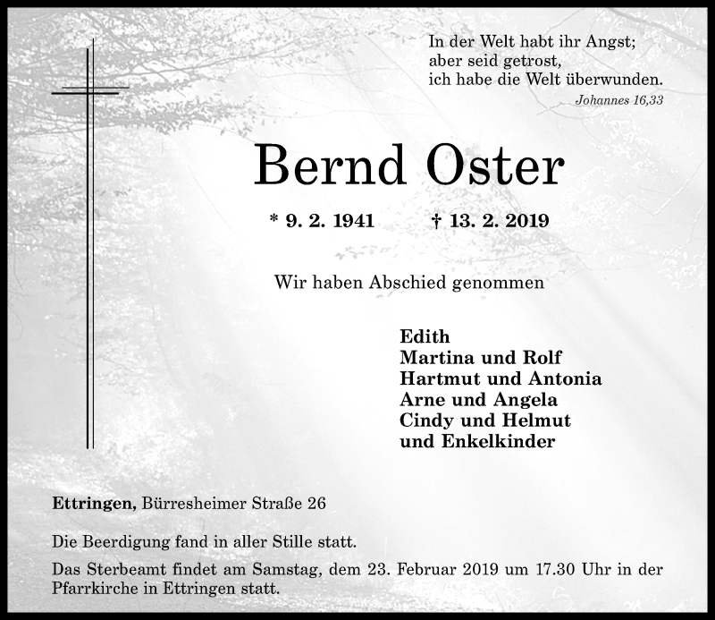 Traueranzeigen Von Bernd Oster Rz Trauer De