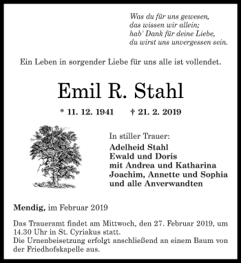 Traueranzeigen Von Emil R Stahl Rz Trauer De