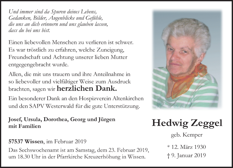 Traueranzeigen Von Hedwig Zeggel Rz Trauer De