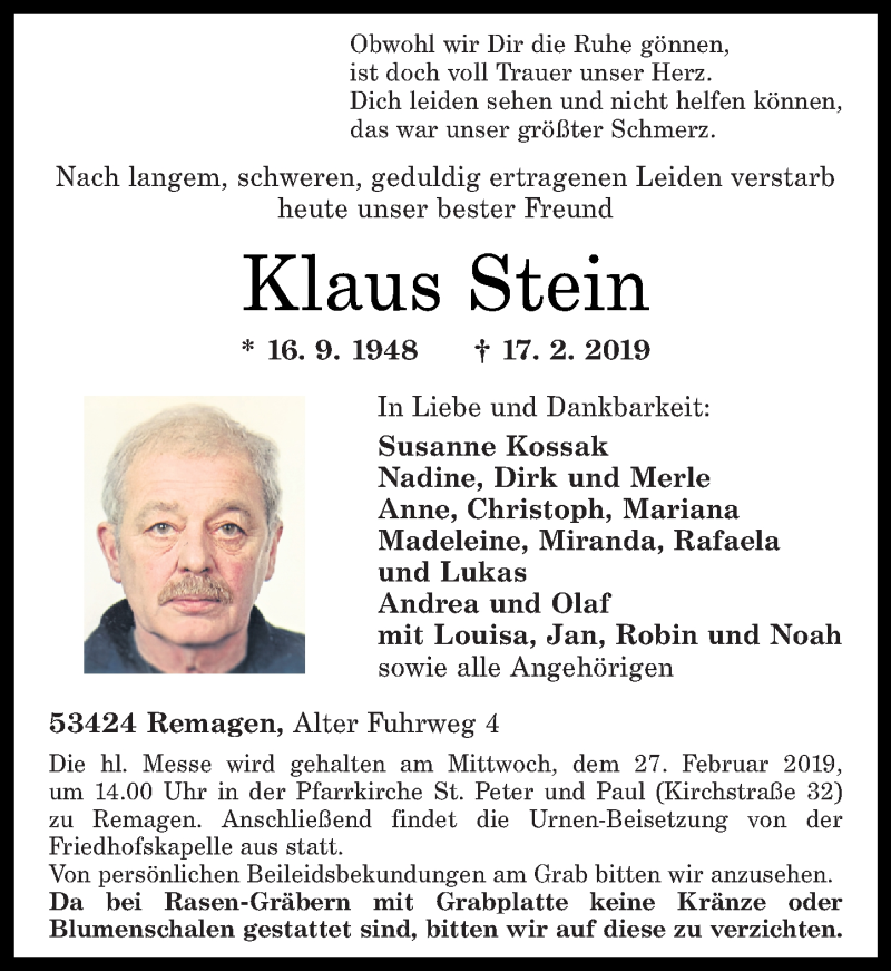 Traueranzeigen Von Klaus Stein Rz Trauer De