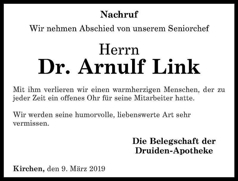 Traueranzeigen Von Arnulf Link Rz Trauer De