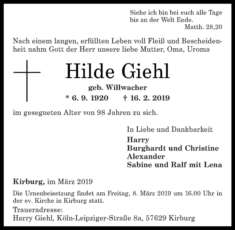 Traueranzeigen Von Hilde Giehl Rz Trauer De