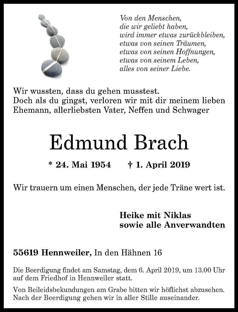 Traueranzeigen Von Edmund Brach Rz Trauer De