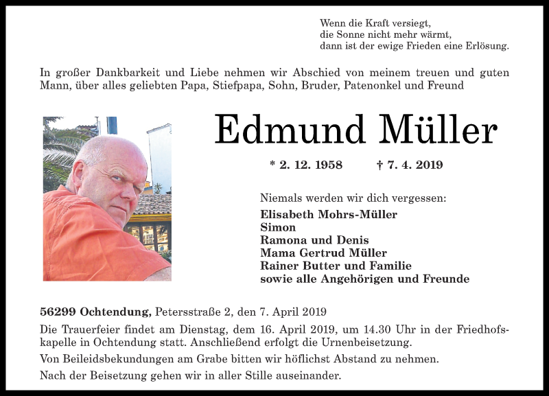 Traueranzeigen Von Edmund M Ller Rz Trauer De