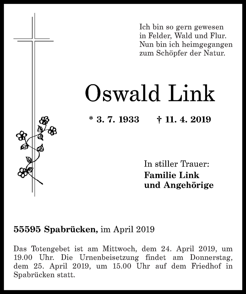 Traueranzeigen Von Oswald Link Rz Trauer De