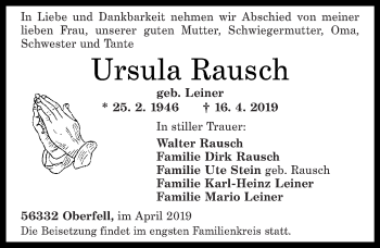 Traueranzeigen Von Ursula Rausch Rz Trauer De