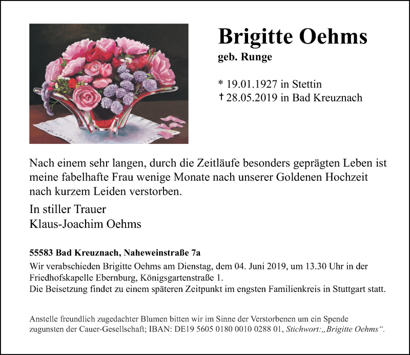 Traueranzeigen Von Brigitte Oehms Rz Trauer De