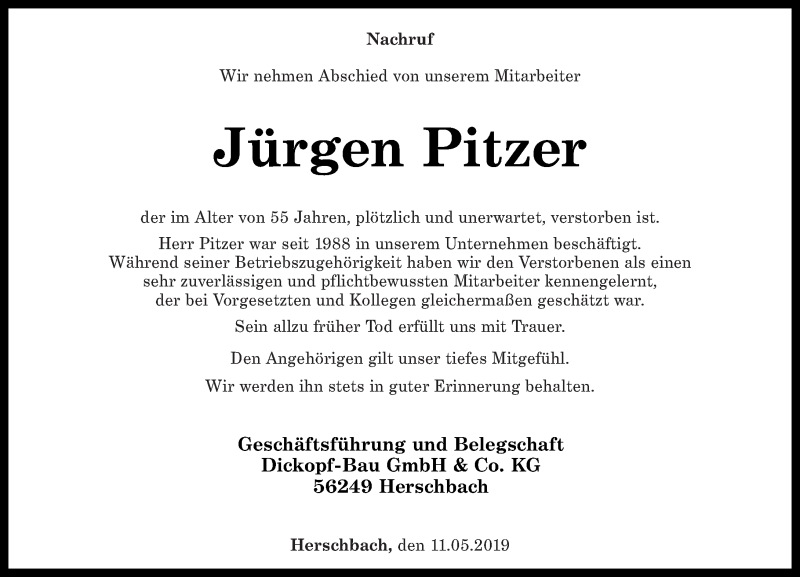 Traueranzeigen Von J Rgen Pitzer Rz Trauer De